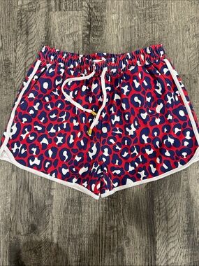 Girls' Red & Blue Printed Athletic Shorts with White Trim